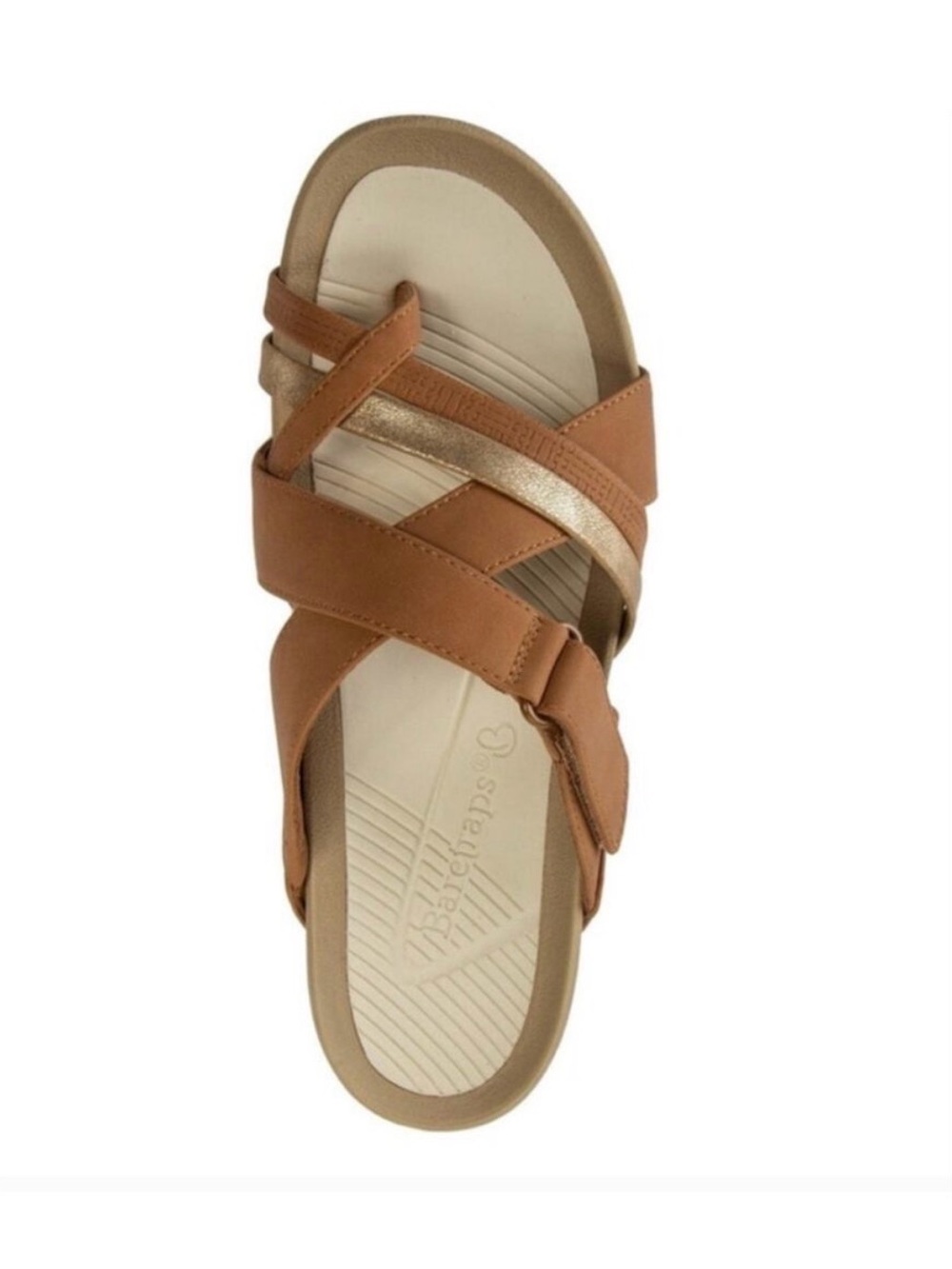 BareTraps Tan Slide Sandal with Metallic Gold Strap